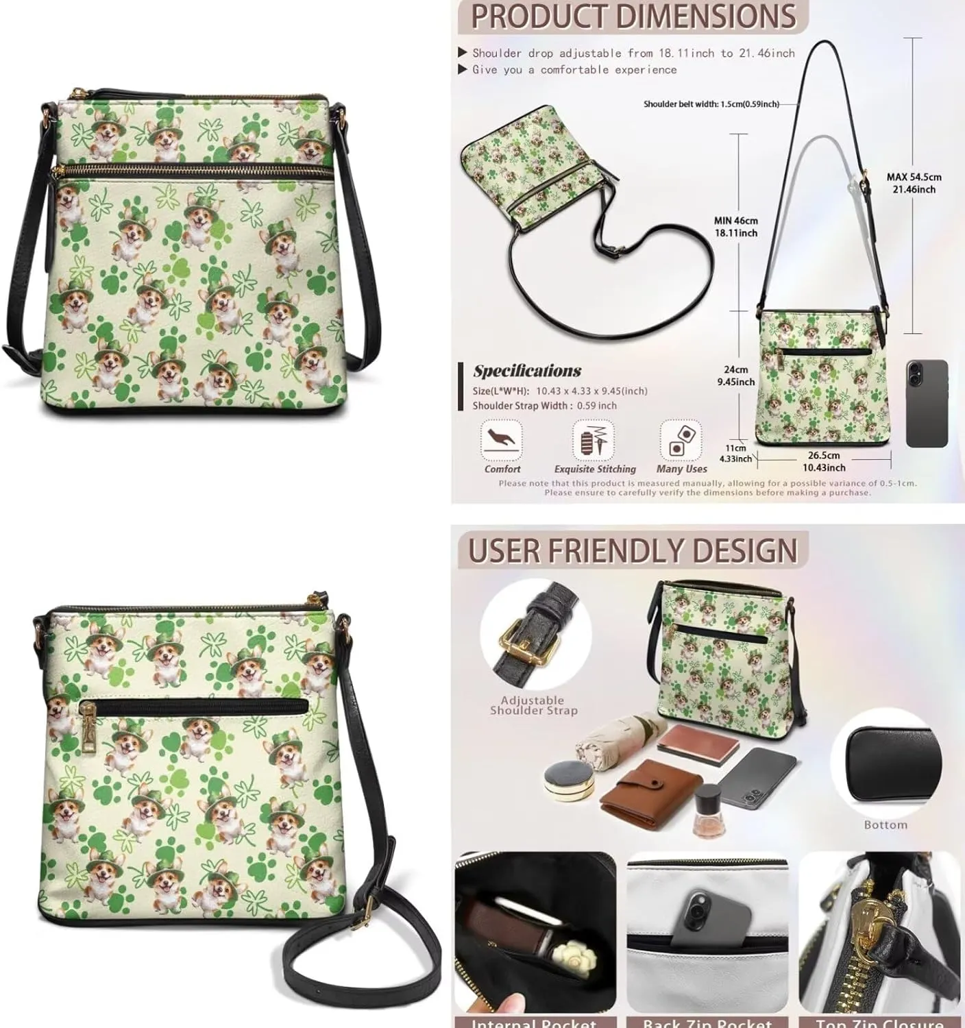 FOR U DESIGNS Crossbody Bags for Women St. Patricks Day Cute Shoulder Purse and Matching Wallet Set