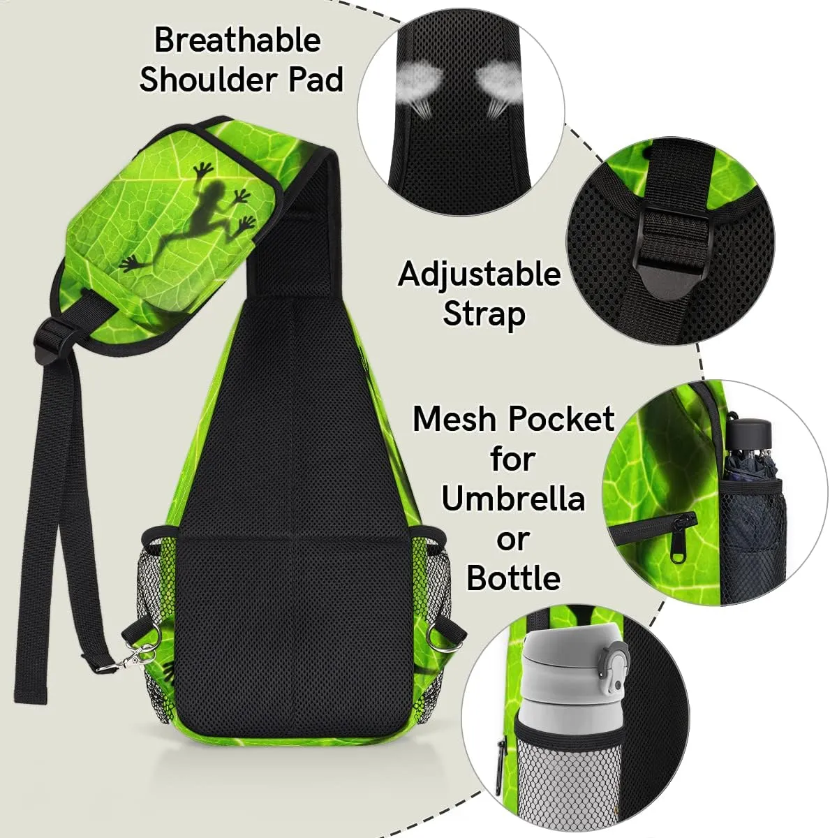 Frog Shadow Leaf Sling Bag Crossbody Sling Backpack Water Resistant Shoulder Bag Outdoor Travel Hiking Chest Bag Daypack for Women Men Unisex