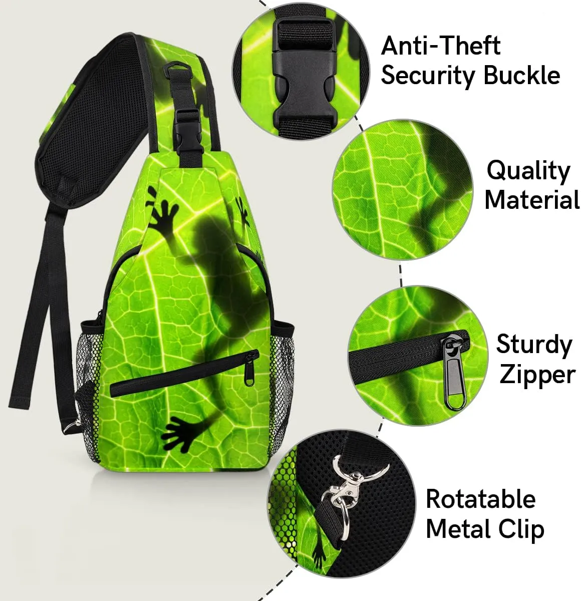 Frog Shadow Leaf Sling Bag Crossbody Sling Backpack Water Resistant Shoulder Bag Outdoor Travel Hiking Chest Bag Daypack for Women Men Unisex