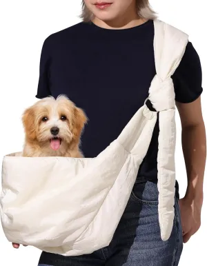 FUKUMARU Dog Sling, DIY Strap Puppy Carrier Sling for 3-15 lbs Small Dogs, Ultralight Cat Travel Purse with Mesh Bag, Pets Papoose Carrier Foldable and Machine Washable(Cream)