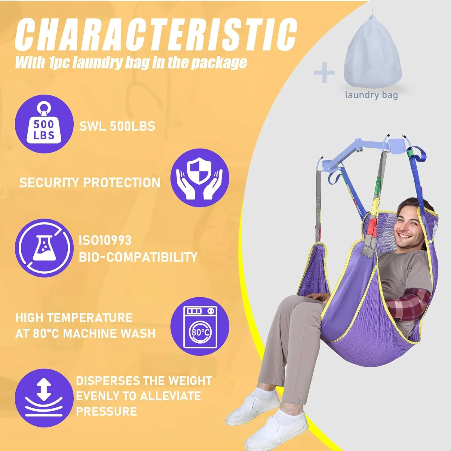 Full Body Patient Lift Sling for Patient/Senior/Elderly/Caregiver/Elderly/Disabled/Bedridden to Transfers | Repositioning | Lifting | Showering,with 1pc Laundry Bag(Purple, Medium)