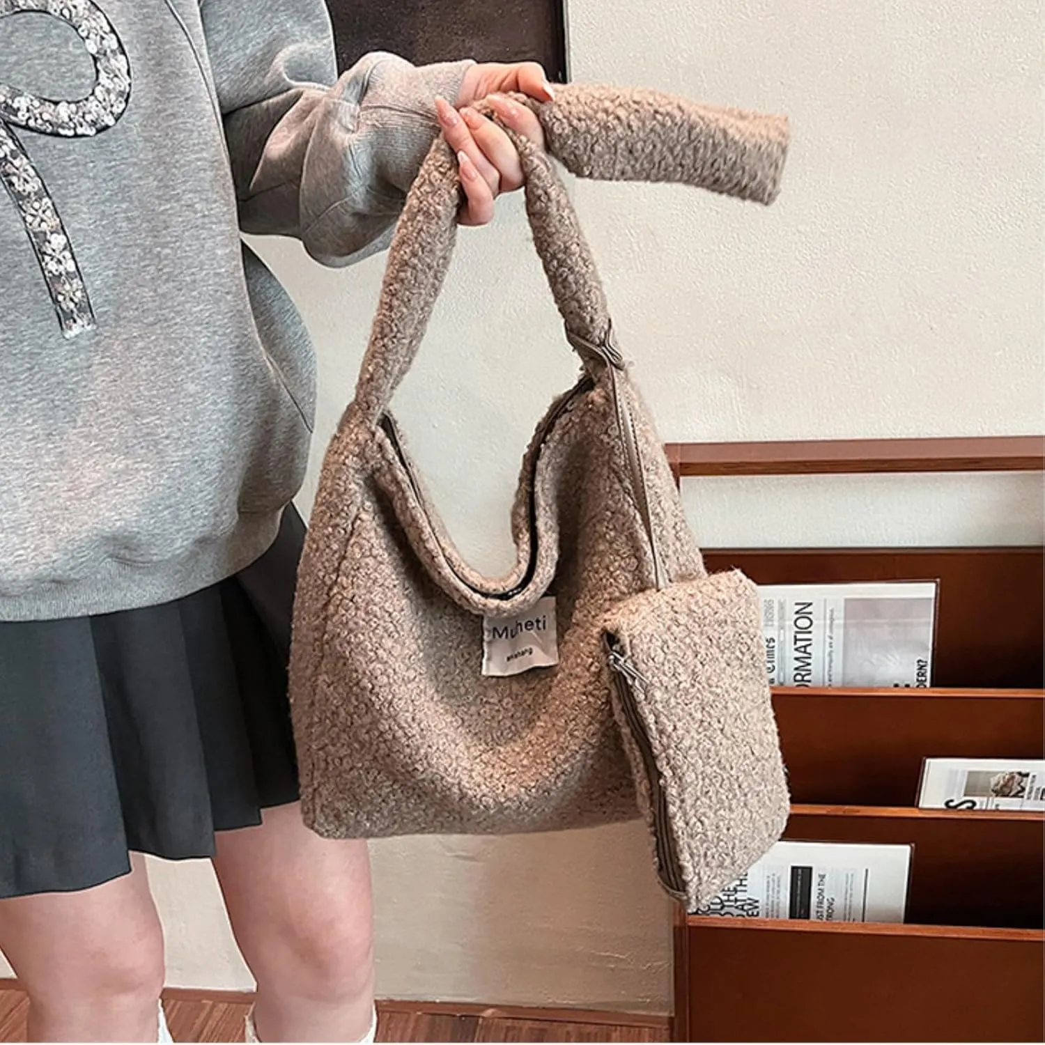 Furry Purse for Women Faux Fur Bag Lambswool Fluffy Tote Bags with Small Wallet Fuzzy Purse Shoulder Handbags