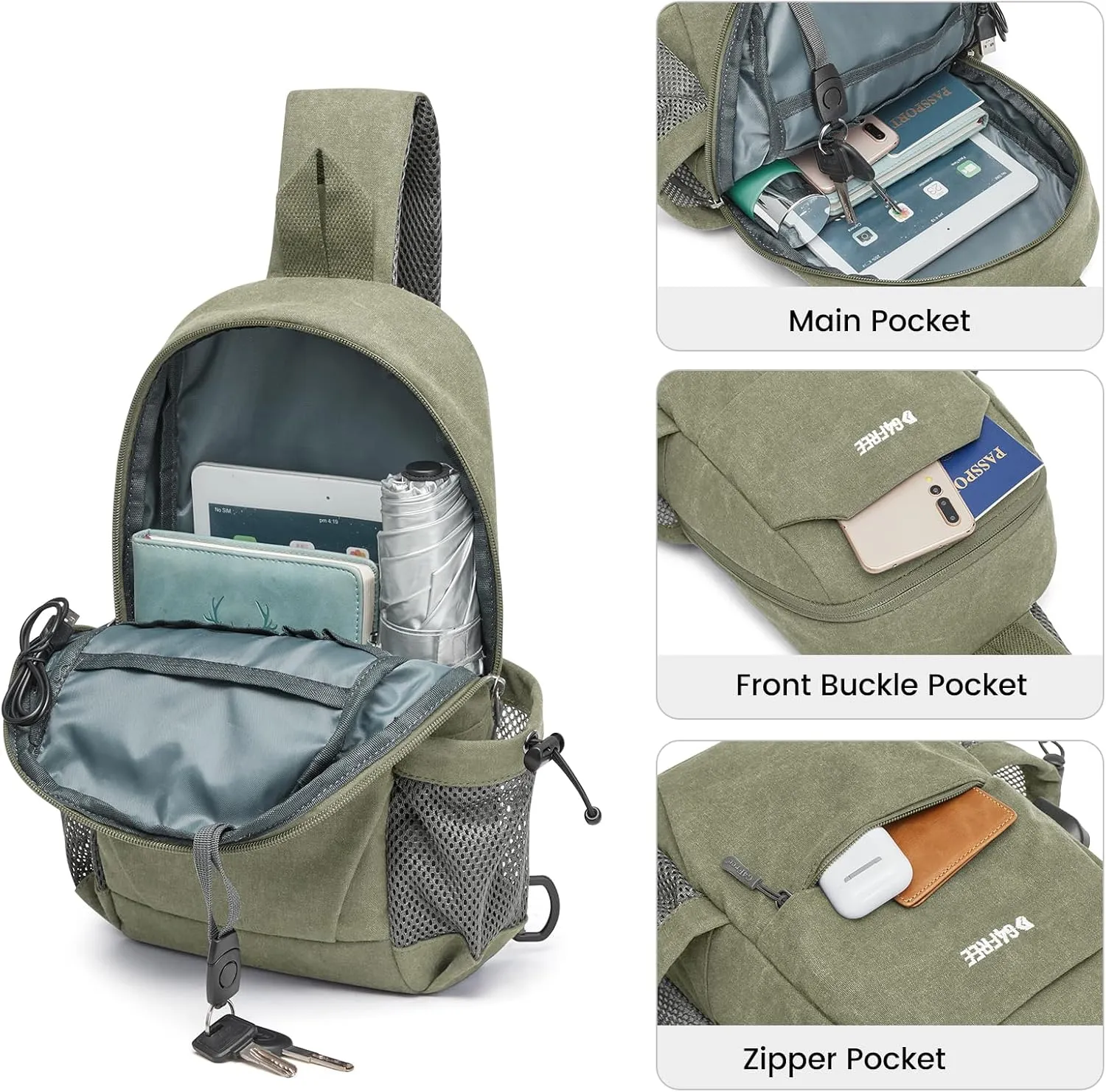 G4Free Canvas Sling Bag Crossbody Backpack Shoulder Bag for Men Women with Anti-theft Pocket & USB Charge Port