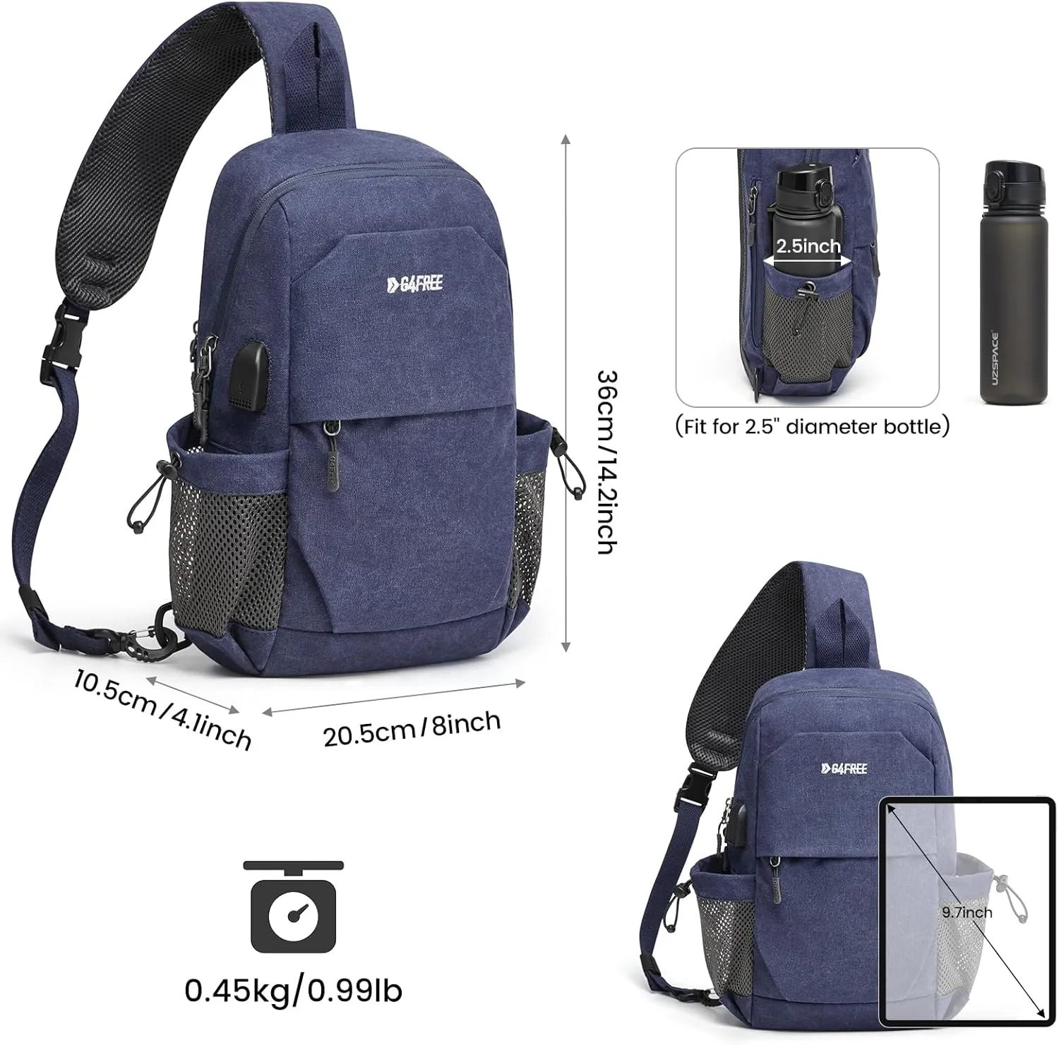 G4Free Canvas Sling Bag Crossbody Backpack Shoulder Bag for Men Women with Anti-theft Pocket & USB Charge Port