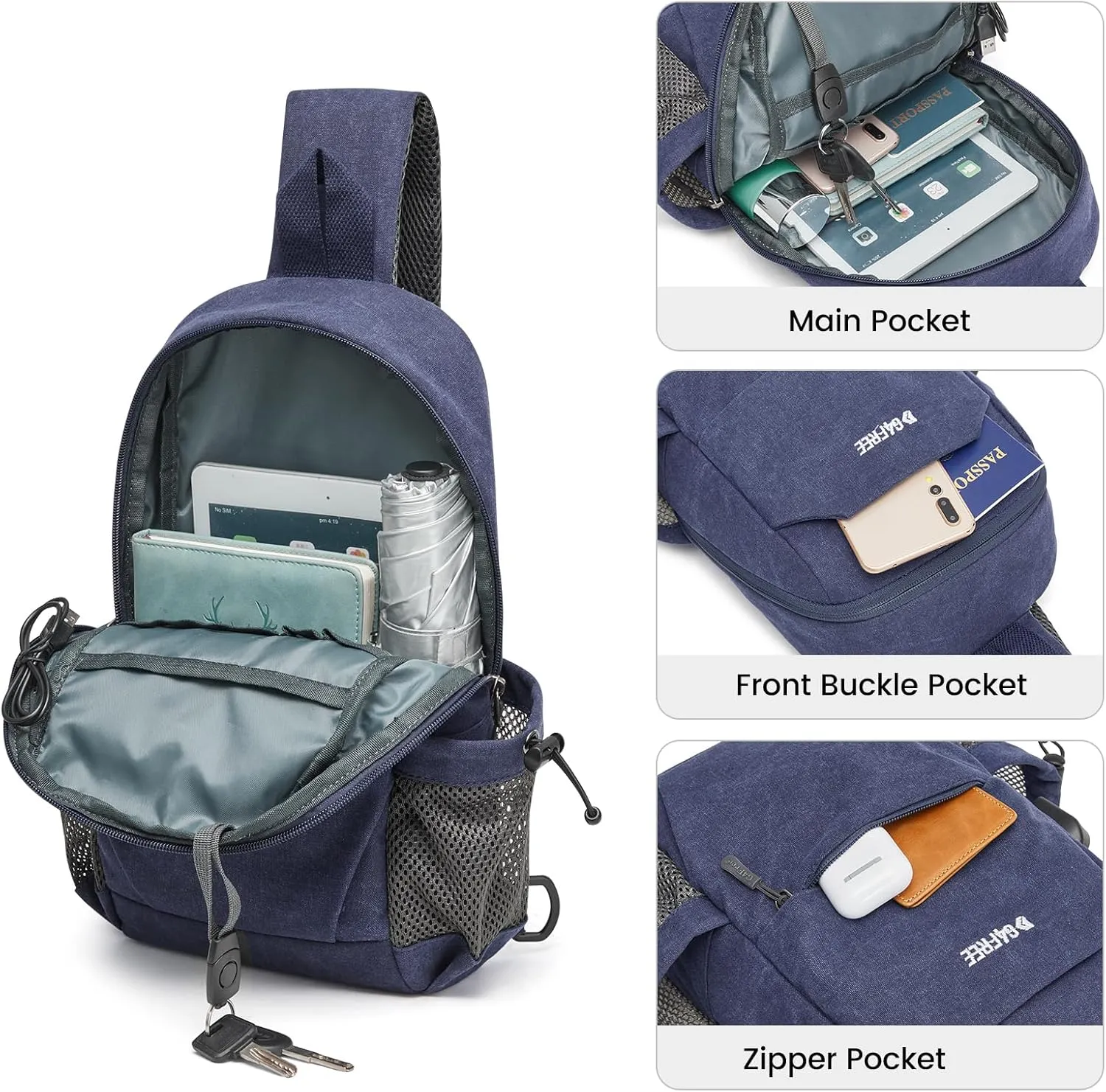 G4Free Canvas Sling Bag Crossbody Backpack Shoulder Bag for Men Women with Anti-theft Pocket & USB Charge Port