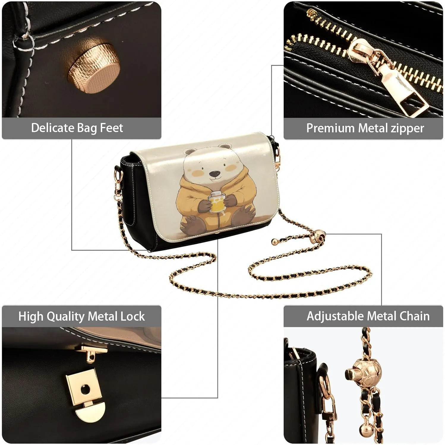 GAIGEO Bear Drink Milk Leather Crossbody Bags, Crossbody Purses for Women Leather, Leather Zipper Shoulder Bag