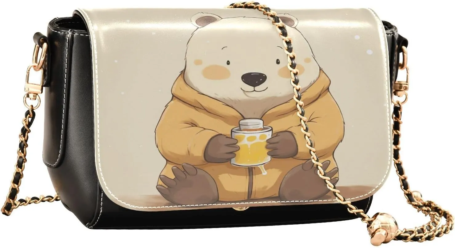 GAIGEO Bear Drink Milk Leather Crossbody Bags, Crossbody Purses for Women Leather, Leather Zipper Shoulder Bag