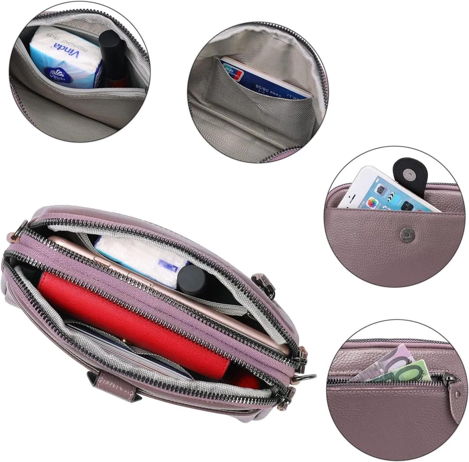Genuine Leather Crossbody Bags for Women Shoulder Purse Cross Body with Wristlet Top Zipper