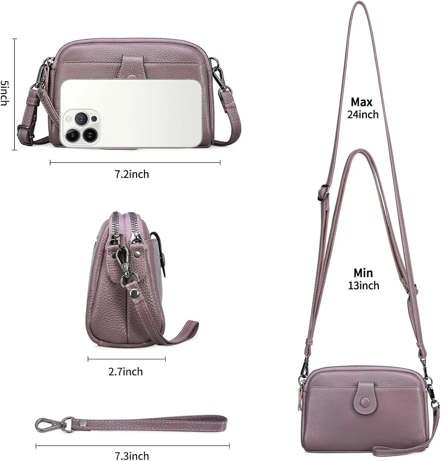 Genuine Leather Crossbody Bags for Women Shoulder Purse Cross Body with Wristlet Top Zipper
