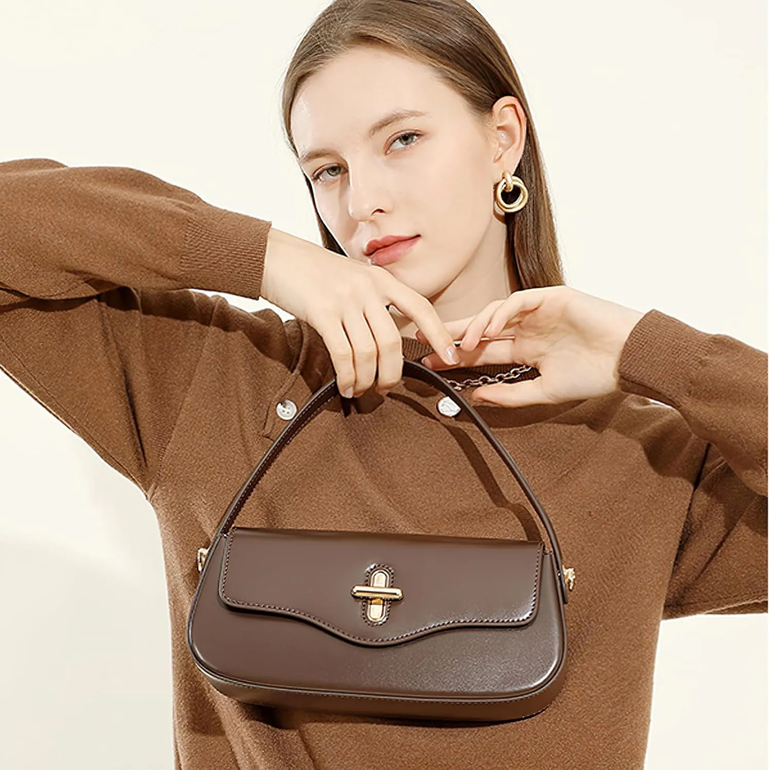 Genuine Leather Handbag – Stylish Top Grain Cowhide Crossbody Bag, Vintage Lock Closure & Microfiber Lining