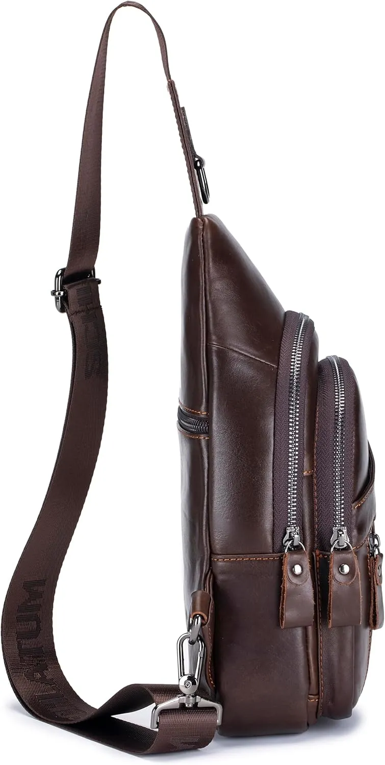 Genuine Leather Sling Bag for Men Small Man Bag Crossbody Mens Casual Chest Bag Sling Backpack with USB Cable Hole