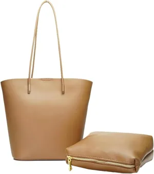 Genuine Leather Tote Bag for Women Large Bucket Shoulder Satchel Casual Work Purses Handbags with Top Handles 2pcs