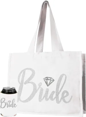 Giant Canvas Bride Tote Bag - 18" x 14" Diamond Motif Rhinestone Totes - Bridal Shower Gifts and Wedding Accessories