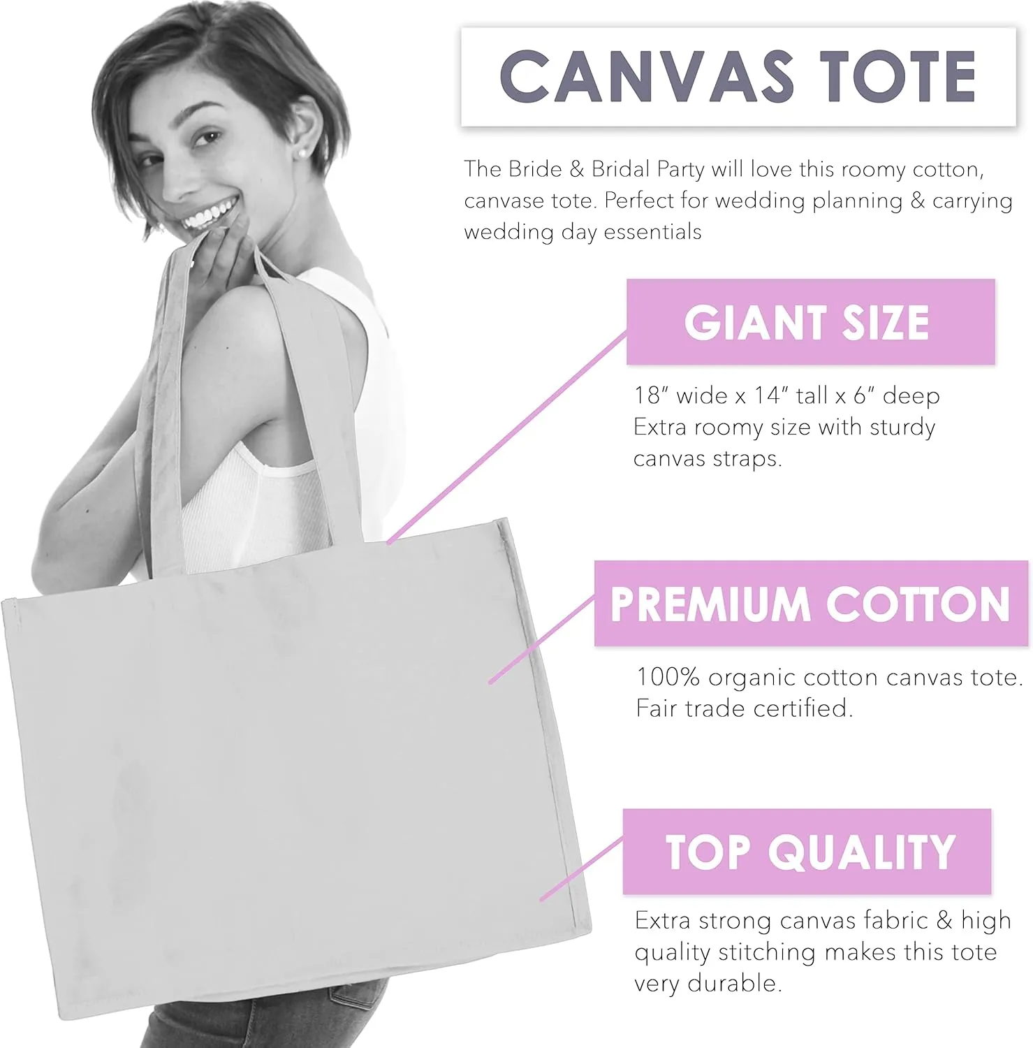 Giant Canvas Bride Tote Bag - 18" x 14" Diamond Motif Rhinestone Totes - Bridal Shower Gifts and Wedding Accessories