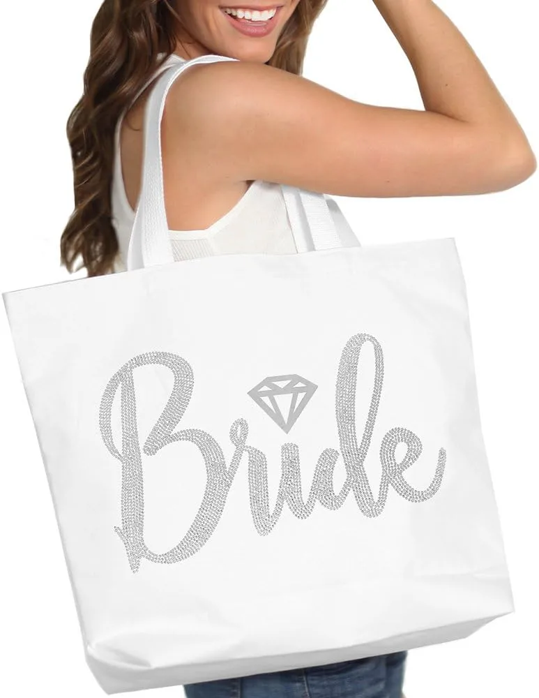 Giant Canvas Bride Tote Bag - 18" x 14" Diamond Motif Rhinestone Totes - Bridal Shower Gifts and Wedding Accessories