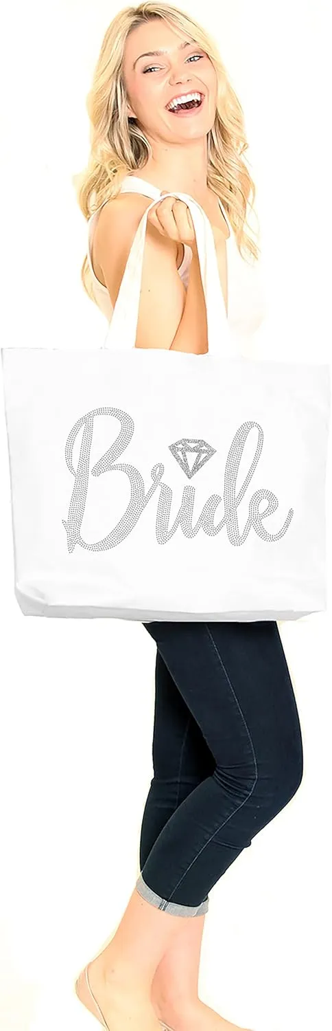 Giant Canvas Bride Tote Bag - 18" x 14" Diamond Motif Rhinestone Totes - Bridal Shower Gifts and Wedding Accessories