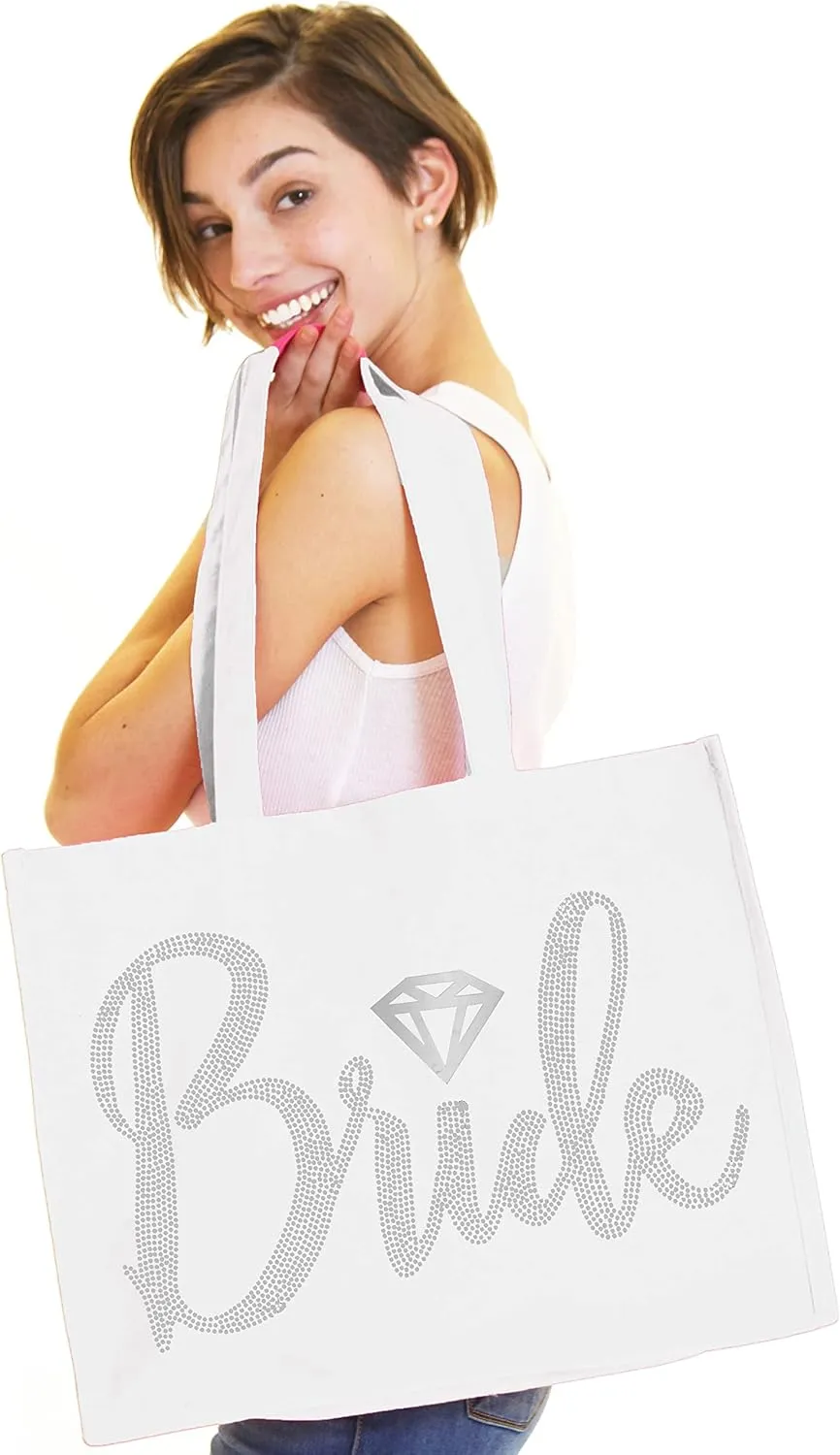 Giant Canvas Bride Tote Bag - 18" x 14" Diamond Motif Rhinestone Totes - Bridal Shower Gifts and Wedding Accessories
