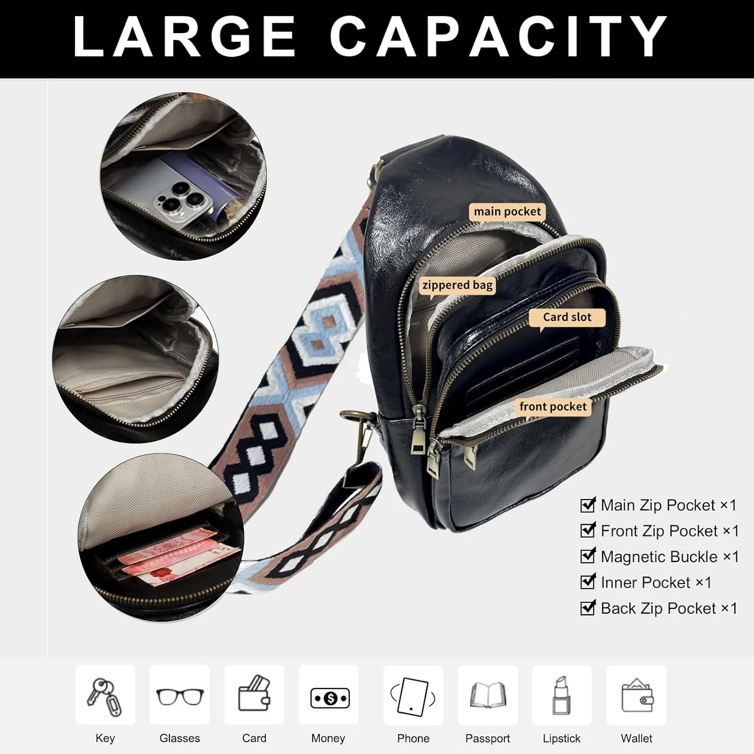 Gifts for Women Mom Christmas Gifts Birthday Small Sling Bag Leather Crossbody Fanny Packs Waist Pack for Traveling Black