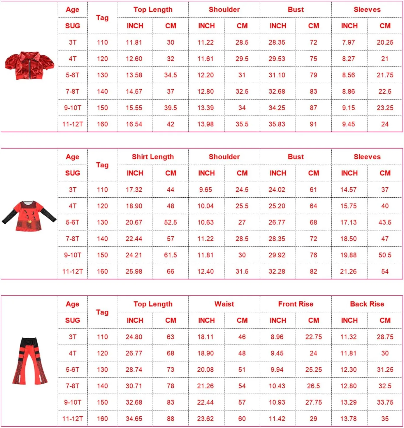 Girl Rise of Red Costume Heart Jacket Shirt Flare Pants Wig Necklace Gloves Bag Halloween Cosplay 7PCS Set 3-12Y