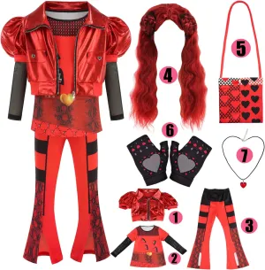 Girl Rise of Red Costume Heart Jacket Shirt Flare Pants Wig Necklace Gloves Bag Halloween Cosplay 7PCS Set 3-12Y