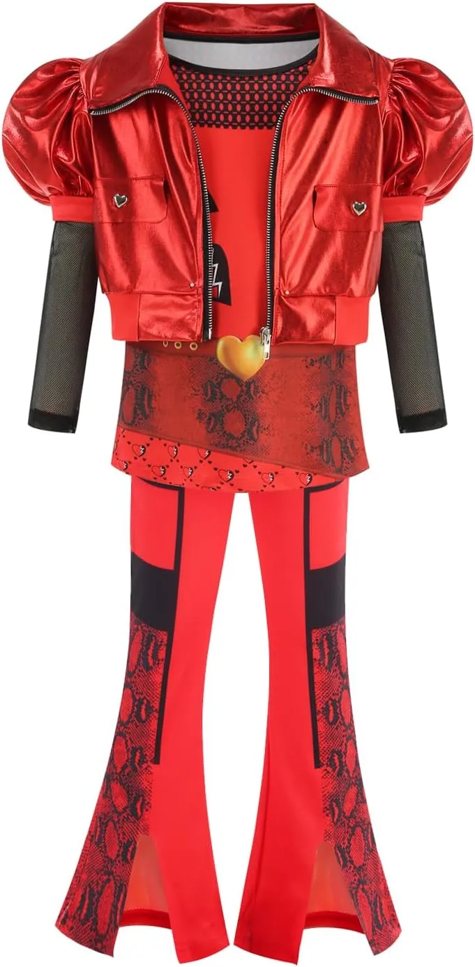 Girl Rise of Red Costume Heart Jacket Shirt Flare Pants Wig Necklace Gloves Bag Halloween Cosplay 7PCS Set 3-12Y