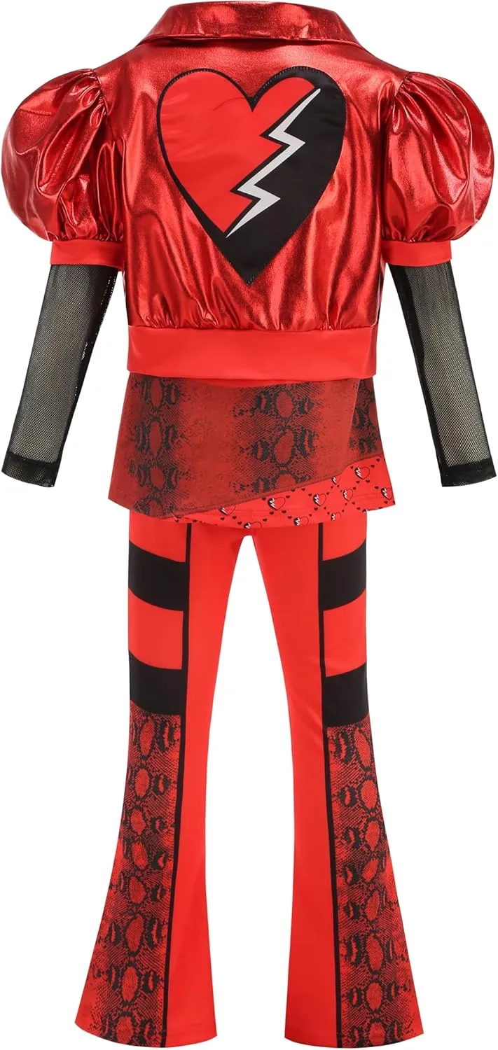 Girl Rise of Red Costume Heart Jacket Shirt Flare Pants Wig Necklace Gloves Bag Halloween Cosplay 7PCS Set 3-12Y