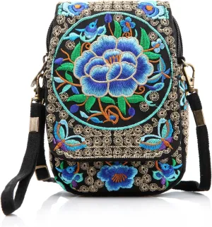 Goodhan Floral Embroidery Crossbody Bag, Mini Canvas Shoulder Bag Cellphone Purse Wristlet Pouch