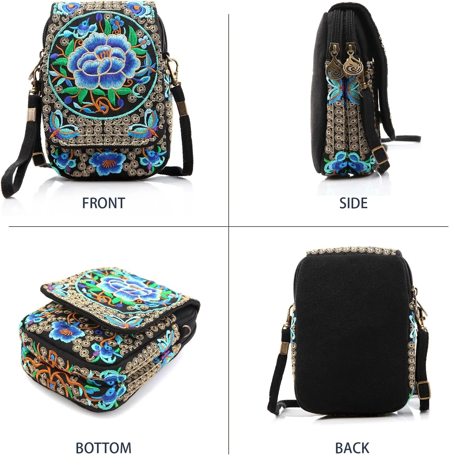 Goodhan Floral Embroidery Crossbody Bag, Mini Canvas Shoulder Bag Cellphone Purse Wristlet Pouch
