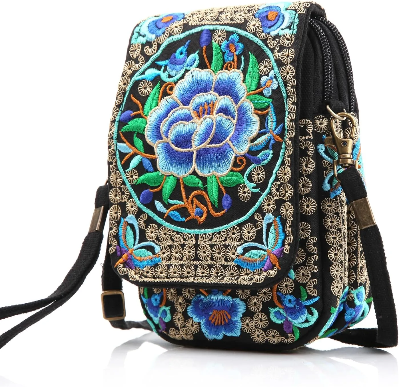Goodhan Floral Embroidery Crossbody Bag, Mini Canvas Shoulder Bag Cellphone Purse Wristlet Pouch
