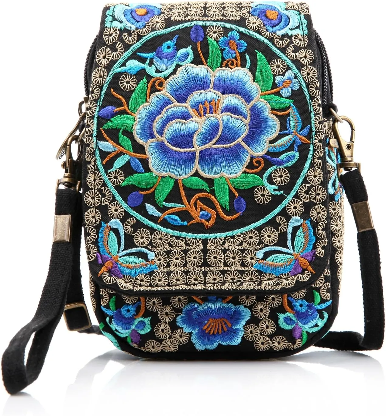 Goodhan Floral Embroidery Crossbody Bag, Mini Canvas Shoulder Bag Cellphone Purse Wristlet Pouch