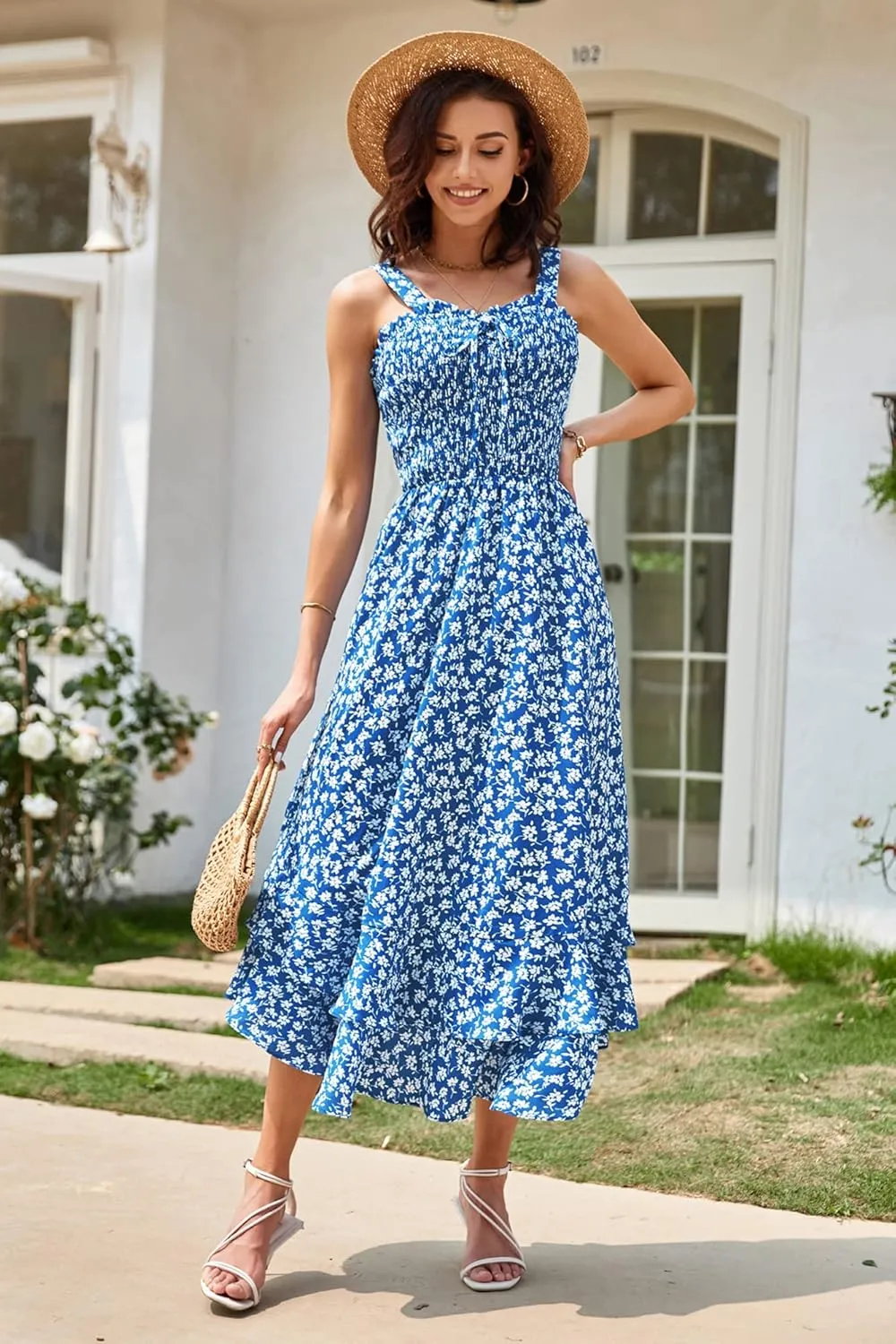 GRACE KARIN Women's 2025 Summer Floral Boho Dress Square Neck Strapped Swing A Line Sundress Beach Long Maxi Outfits