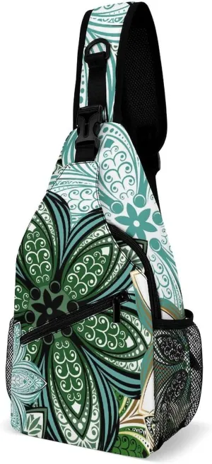 Green Flower Abstract Sling Bag for Women Men Vintage Floral Crossbody Shoulder Bag with Anti Theft,Multipurpose Chest Bag for Travel,Hiking,Cycling,Camping