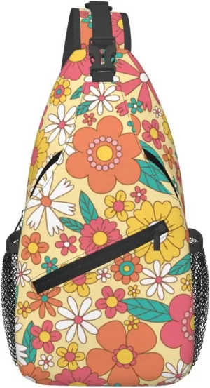 Groovy Flower Sling Bag for Women Crossbody Bag Retro Hippy 70s Style Vintage Orange Flowers Sling Backpack for Men Cute Daisy Floral Print Shoulder Bag Gym Sports Travel Hiking Daypack