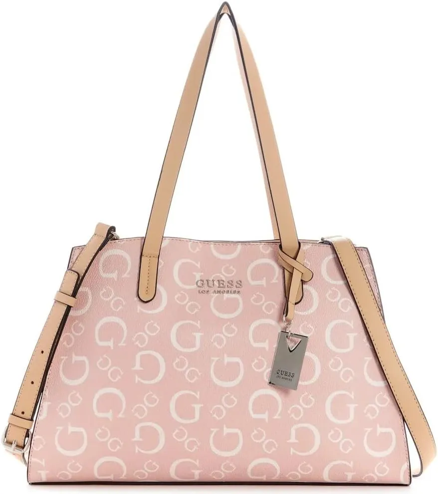 GUESS Women's Elsa Logo Print Satchel Crossbody Bag Handbag Tote (Rose Pink)