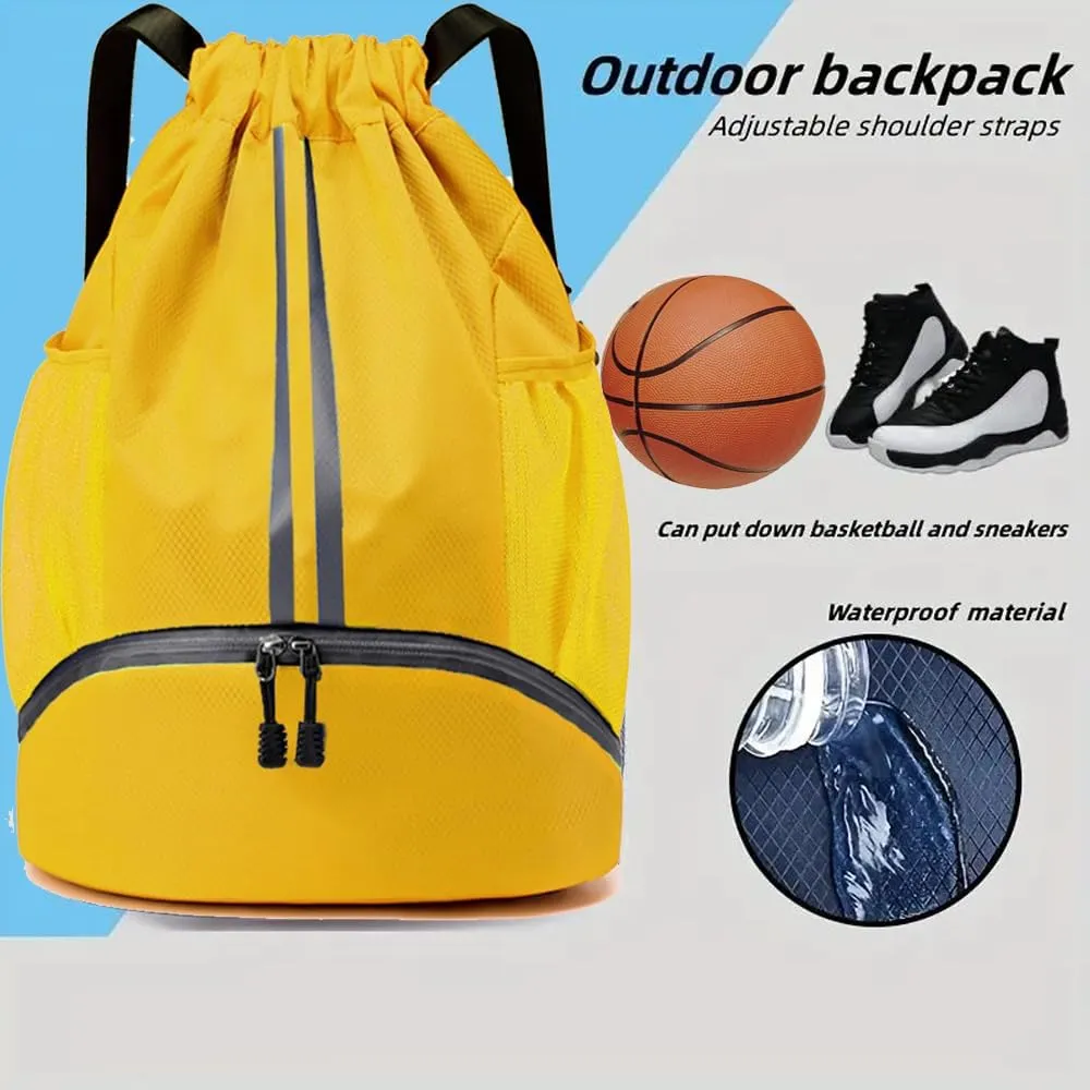Gym Drawstring Backpack String Basketball Soccer Workout Bag Sport Swim Cinch with Shoes Compartment Dry Wet Pocket for Women Men(Yellow)…