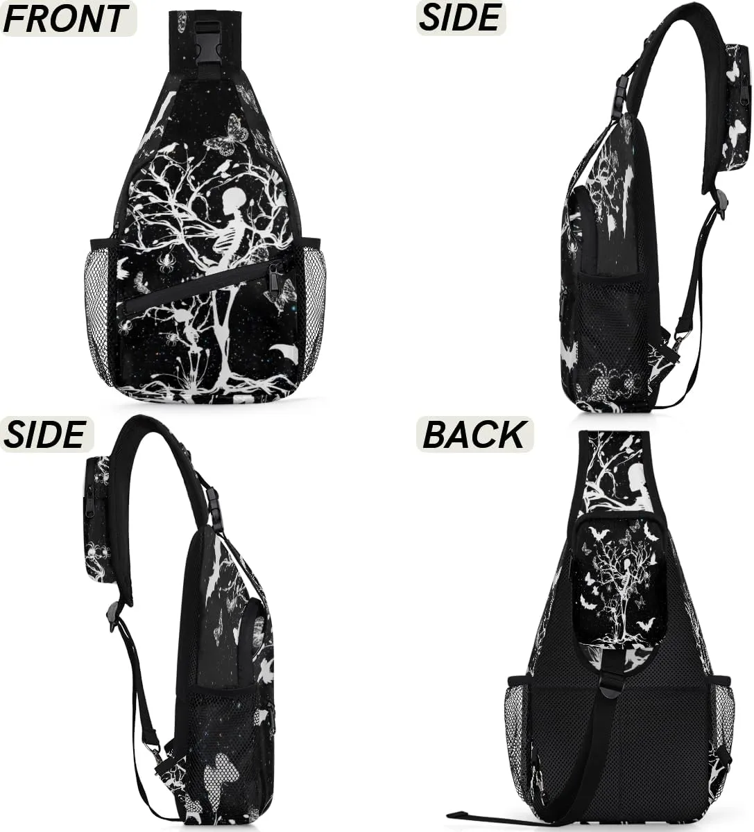 Halloween Skull Crossbody Sling Backpack Sling Bag Skeleton Tree Bat Small Chest Bag for Women Men Outdoor Shoulder Bag Travel Hiking Daypack for Sports Running Cycling Walking