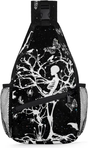 Halloween Skull Crossbody Sling Backpack Sling Bag Skeleton Tree Bat Small Chest Bag for Women Men Outdoor Shoulder Bag Travel Hiking Daypack for Sports Running Cycling Walking