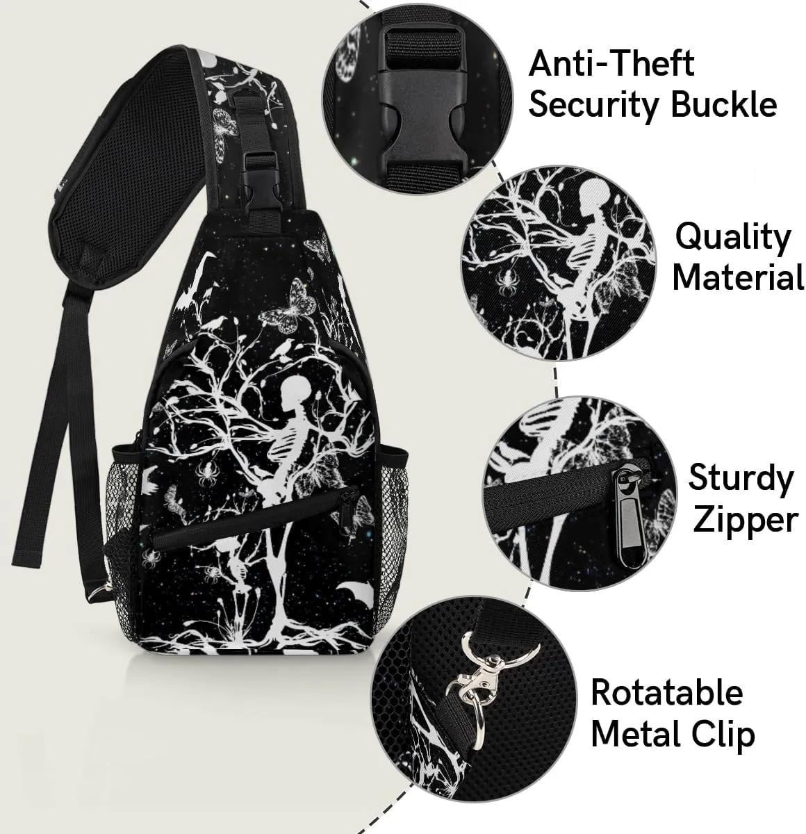 Halloween Skull Crossbody Sling Backpack Sling Bag Skeleton Tree Bat Small Chest Bag for Women Men Outdoor Shoulder Bag Travel Hiking Daypack for Sports Running Cycling Walking