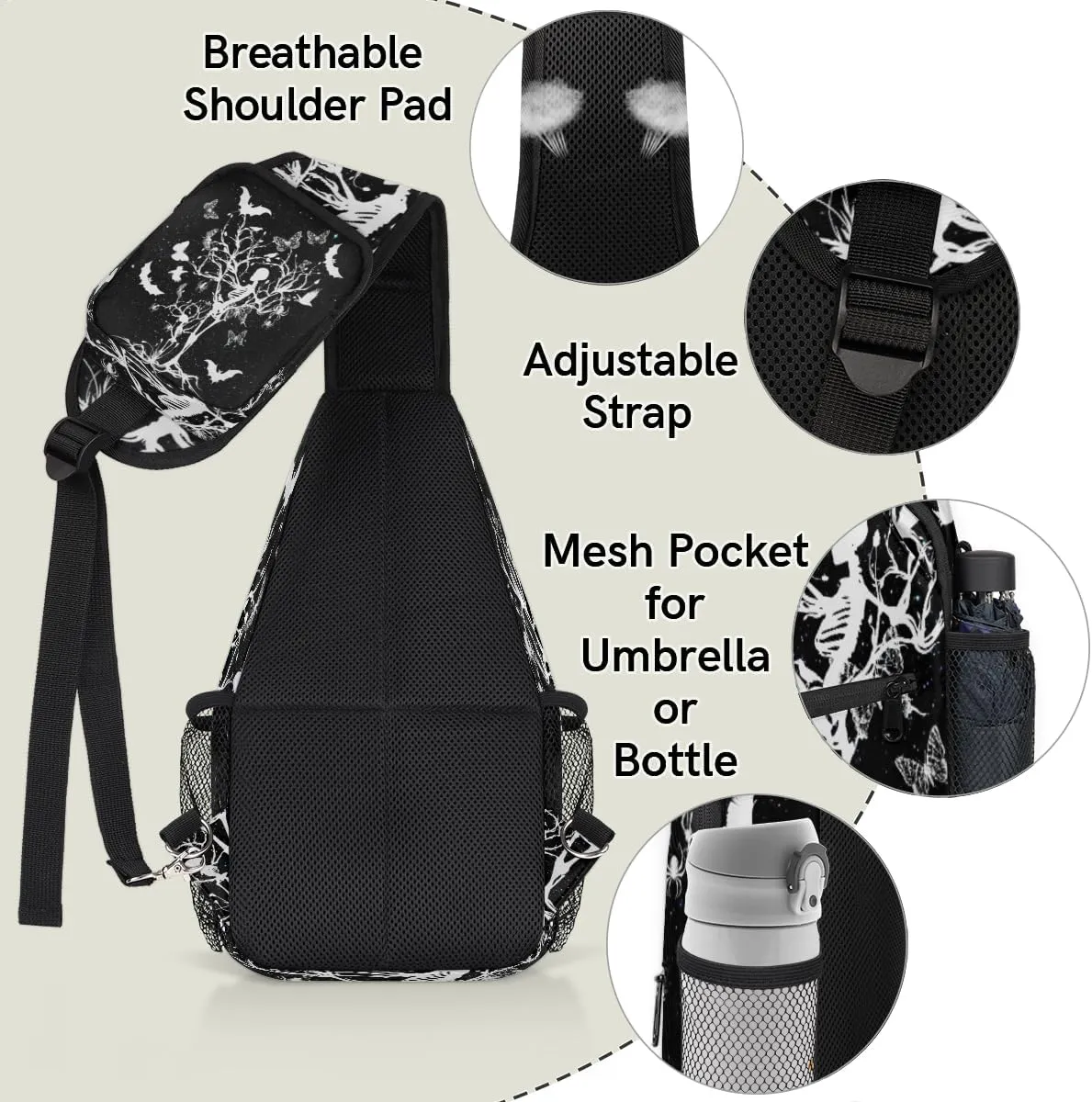 Halloween Skull Crossbody Sling Backpack Sling Bag Skeleton Tree Bat Small Chest Bag for Women Men Outdoor Shoulder Bag Travel Hiking Daypack for Sports Running Cycling Walking