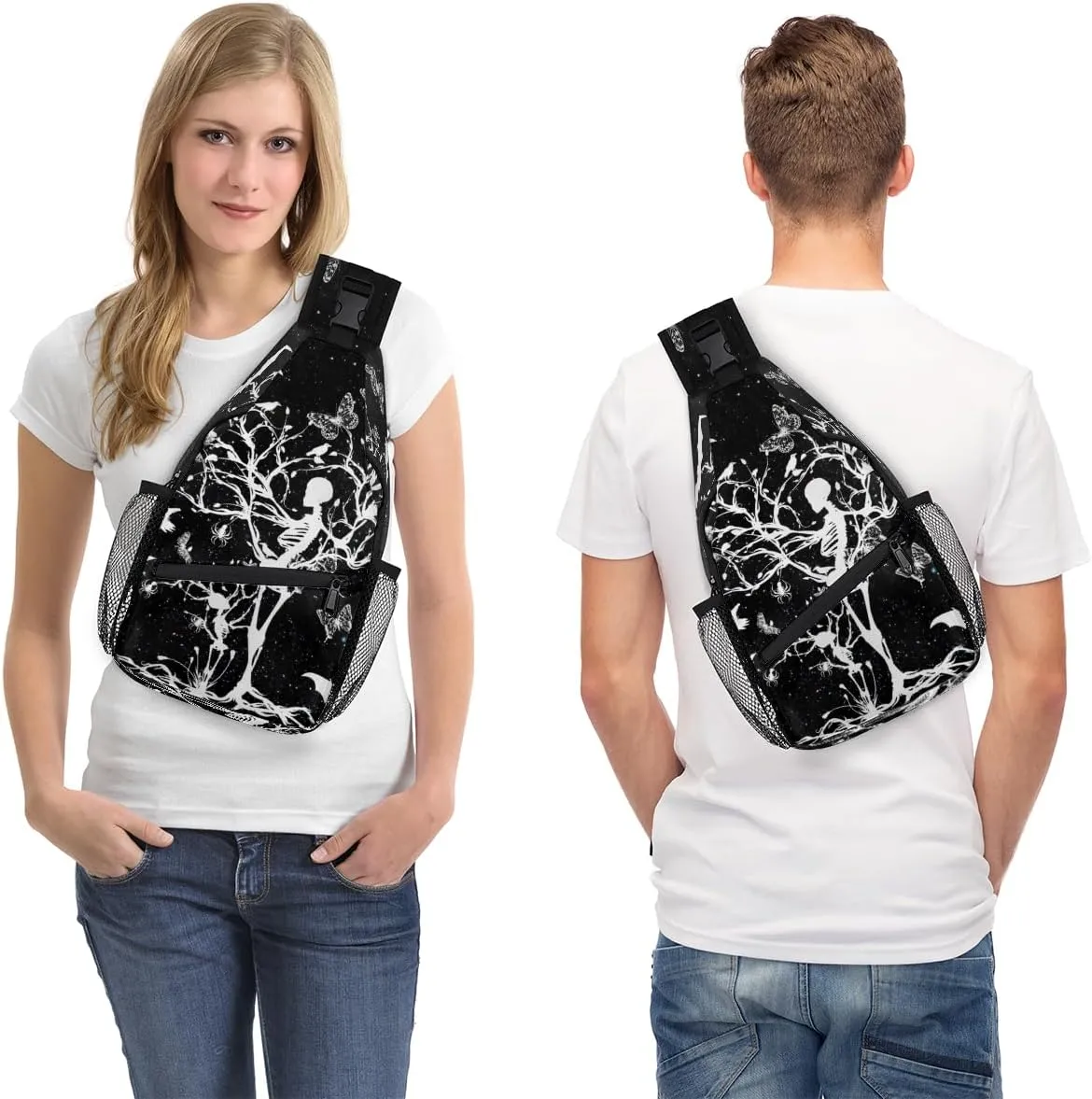 Halloween Skull Crossbody Sling Backpack Sling Bag Skeleton Tree Bat Small Chest Bag for Women Men Outdoor Shoulder Bag Travel Hiking Daypack for Sports Running Cycling Walking