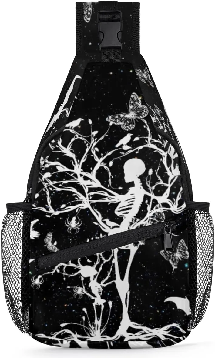 Halloween Skull Crossbody Sling Backpack Sling Bag Skeleton Tree Bat Small Chest Bag for Women Men Outdoor Shoulder Bag Travel Hiking Daypack for Sports Running Cycling Walking