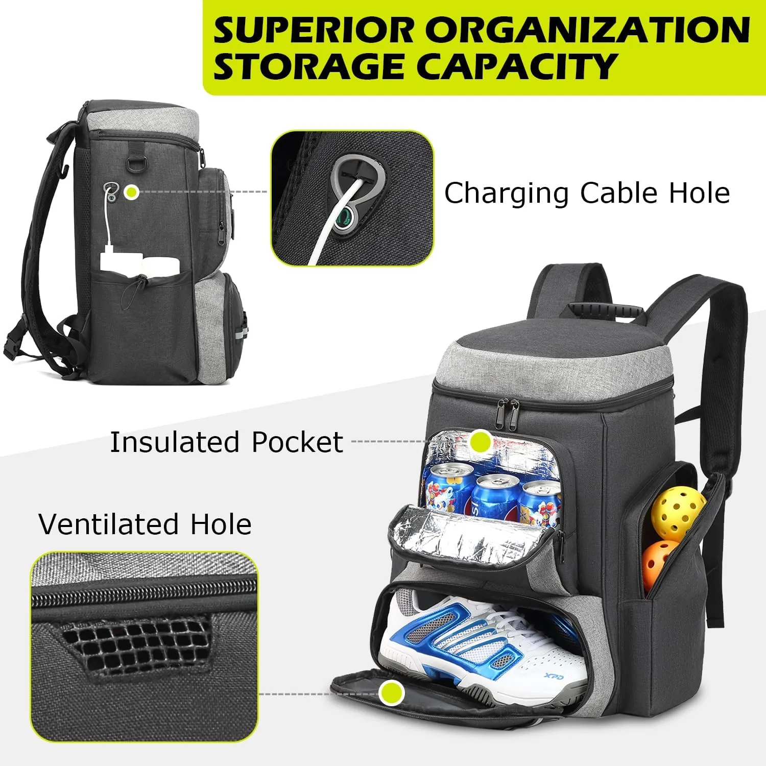 HAMBOLY Pickleball Bag for Men & Women, Pickleball Backpack with various Zipper Pockets for Balls, Paddles, Shoes, Bottles, Cold Drinks and Wet Towel, with a Fence Hook
