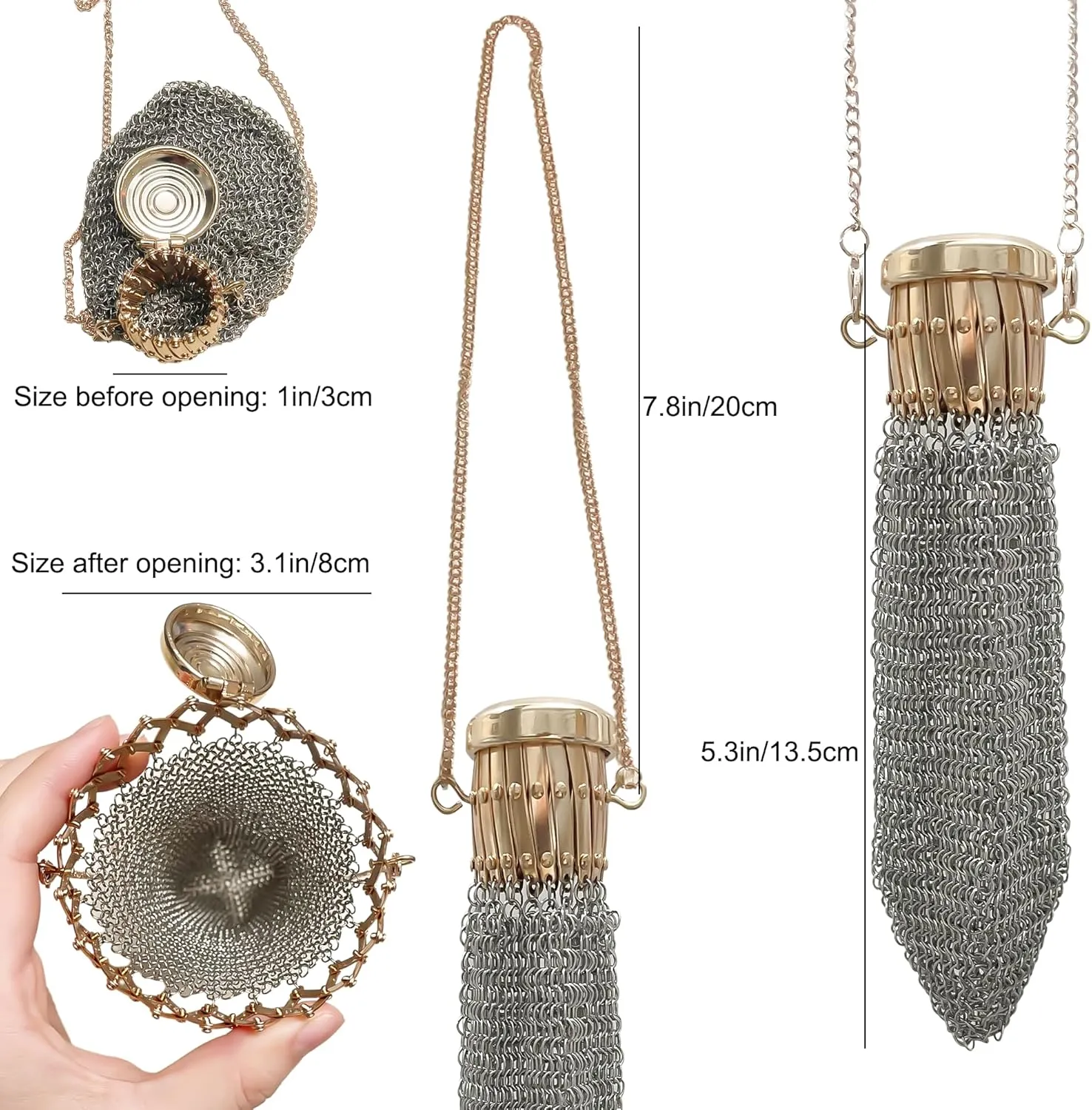 Handmade 1920's English Vintage Coin Purse Wallet, Chain Metal Mesh Wallet for Coins, Dice, Jewelry, Cosmetics, Mini Vintage Double Mesh Coin Holder Pouch Ideal for Collectible (Silver)