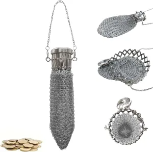 Handmade 1920's English Vintage Coin Purse Wallet, Chain Metal Mesh Wallet for Coins, Dice, Jewelry, Cosmetics, Mini Vintage Double Mesh Coin Holder Pouch Ideal for Collectible (Silver)