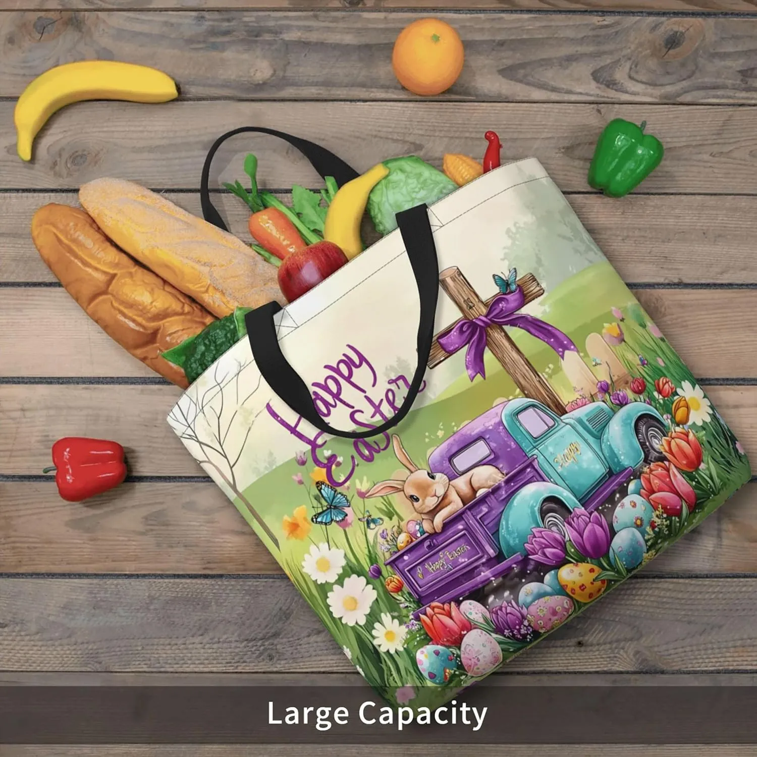 Happy Easter Tote Bag with Handles Large Happy Easter Reusable Bags Gift Bunny Egg Hunt Bags