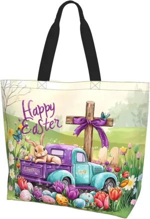 Happy Easter Tote Bag with Handles Large Happy Easter Reusable Bags Gift Bunny Egg Hunt Bags