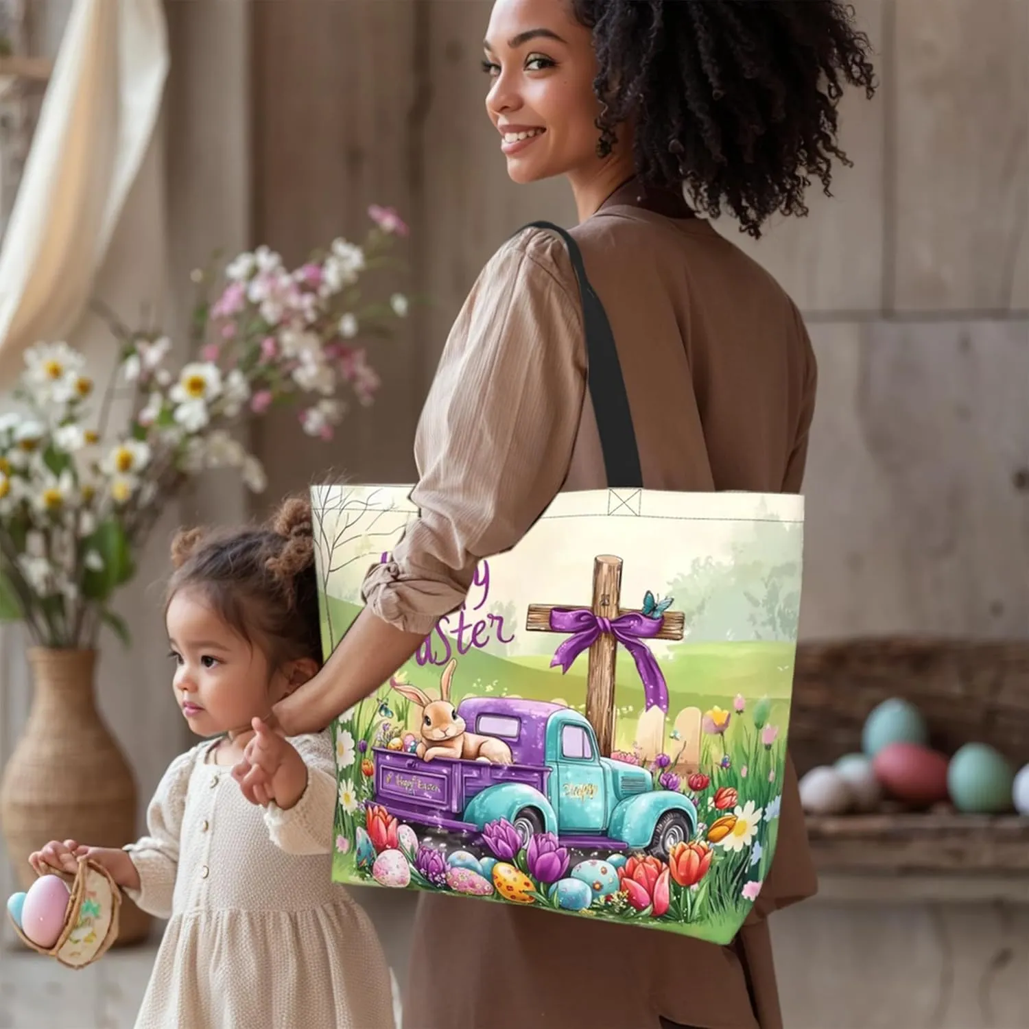 Happy Easter Tote Bag with Handles Large Happy Easter Reusable Bags Gift Bunny Egg Hunt Bags