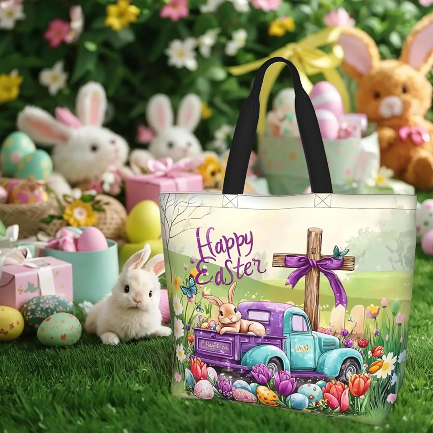 Happy Easter Tote Bag with Handles Large Happy Easter Reusable Bags Gift Bunny Egg Hunt Bags