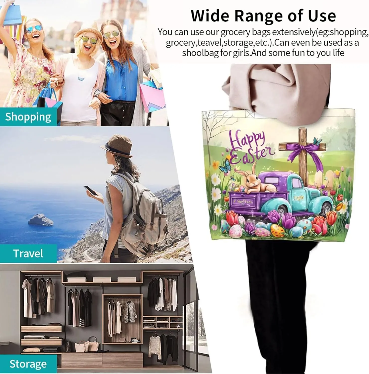 Happy Easter Tote Bag with Handles Large Happy Easter Reusable Bags Gift Bunny Egg Hunt Bags
