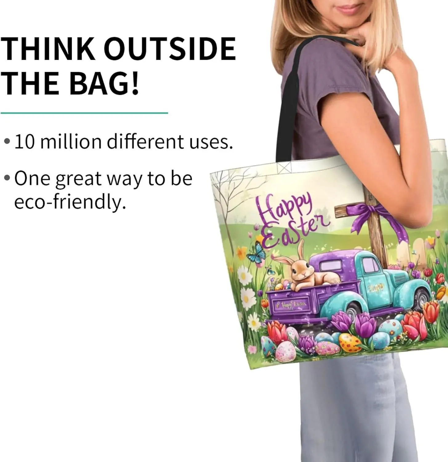 Happy Easter Tote Bag with Handles Large Happy Easter Reusable Bags Gift Bunny Egg Hunt Bags